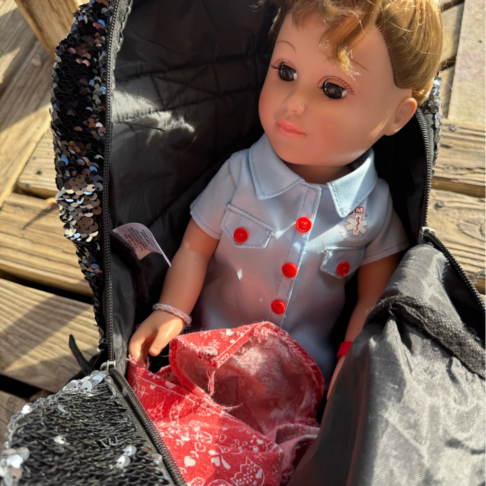 Our generation 18 in doll with small sequin panda backpack USED